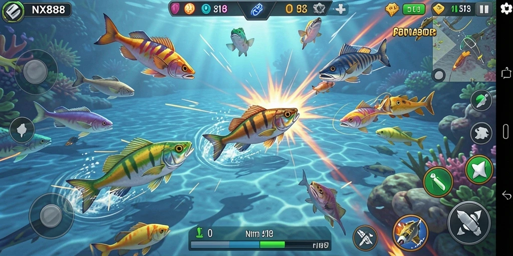 Tampilan gameplay seru NX888 dengan aksi tembak ikan.