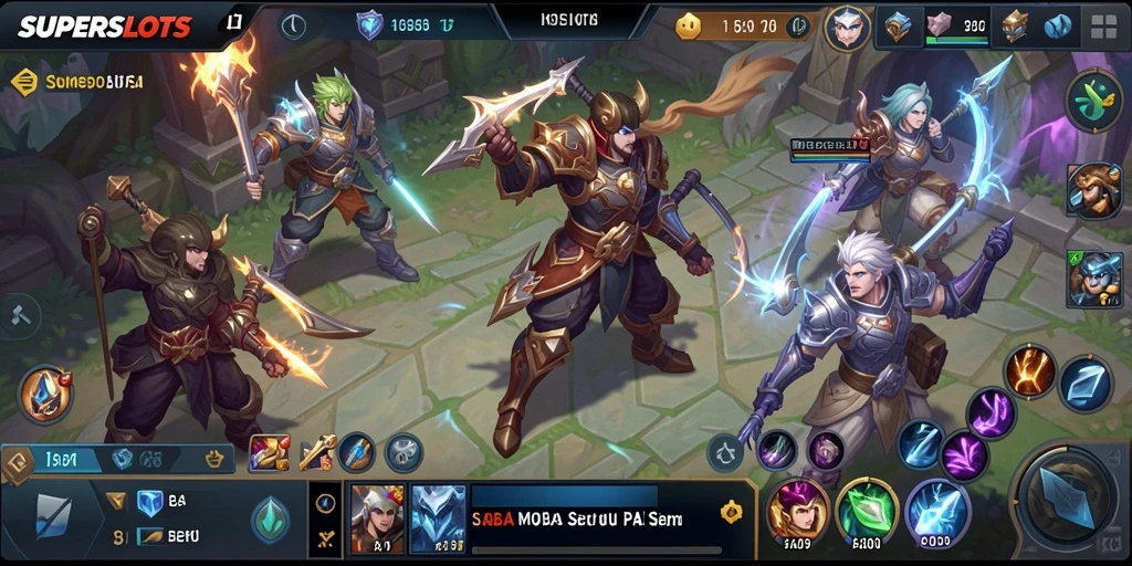 Tampilan aksi seru dalam permainan MOBA SUPERSLOTS di layar.
